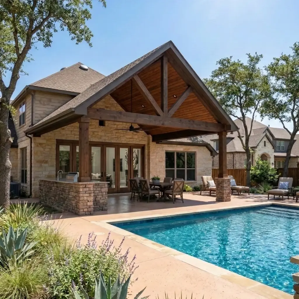 gabled roof patio cover builder in Dallas Texas