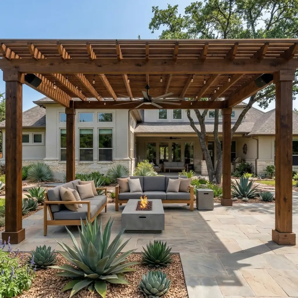 pergola contractor in Dallas Texas builds cedar pergola with lattice roof by STR Top Construction