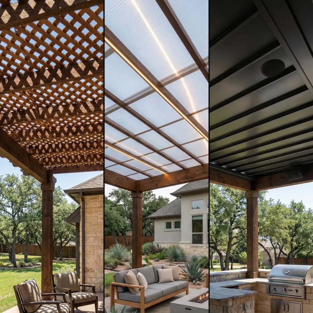 3 different pergola roof types lattice roof, polycarbonate roof, metal roof